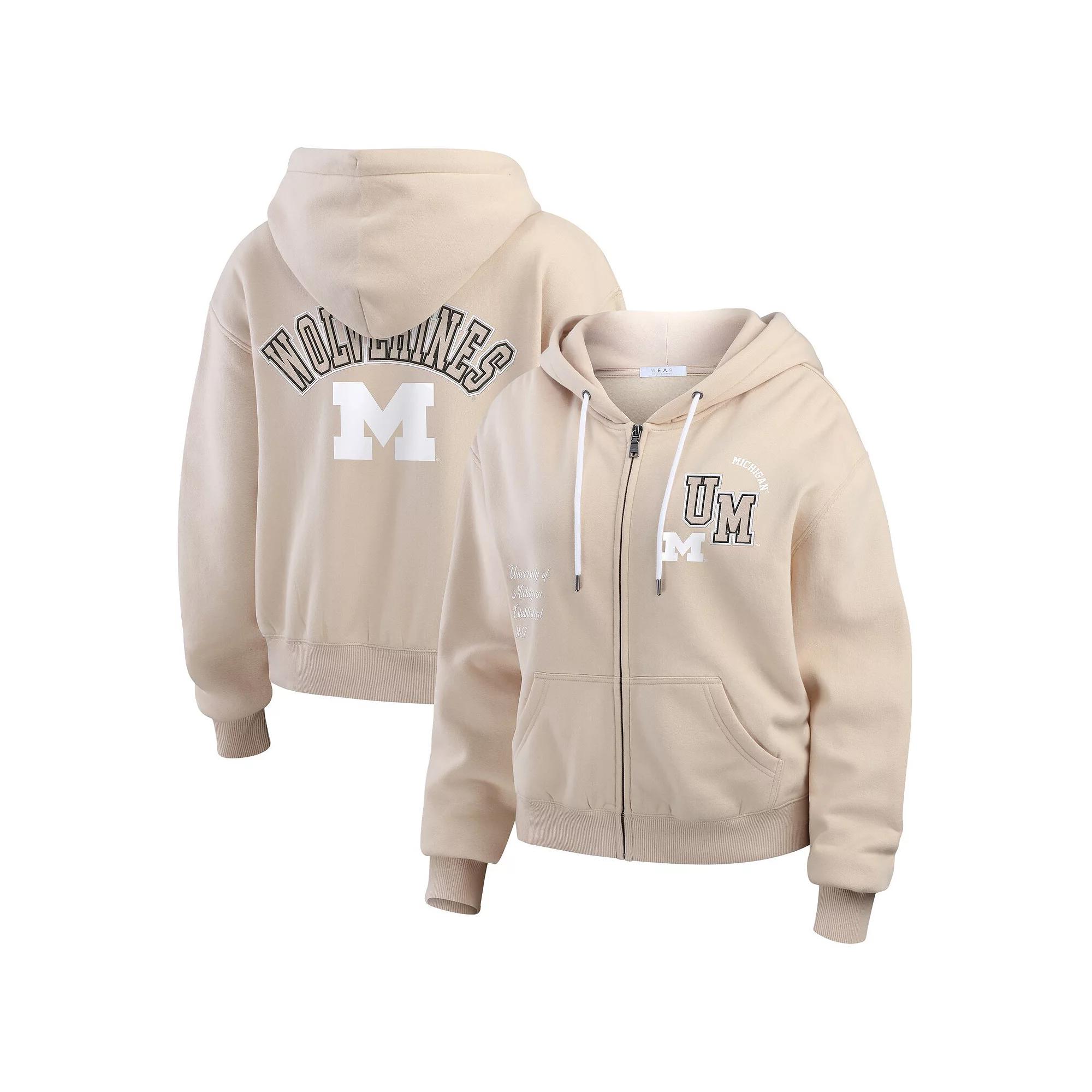 Women's WEAR by Erin Andrews Tan Michigan Wolverines Mixed Media Tonal Full-Zip Hoodie,  Product Image