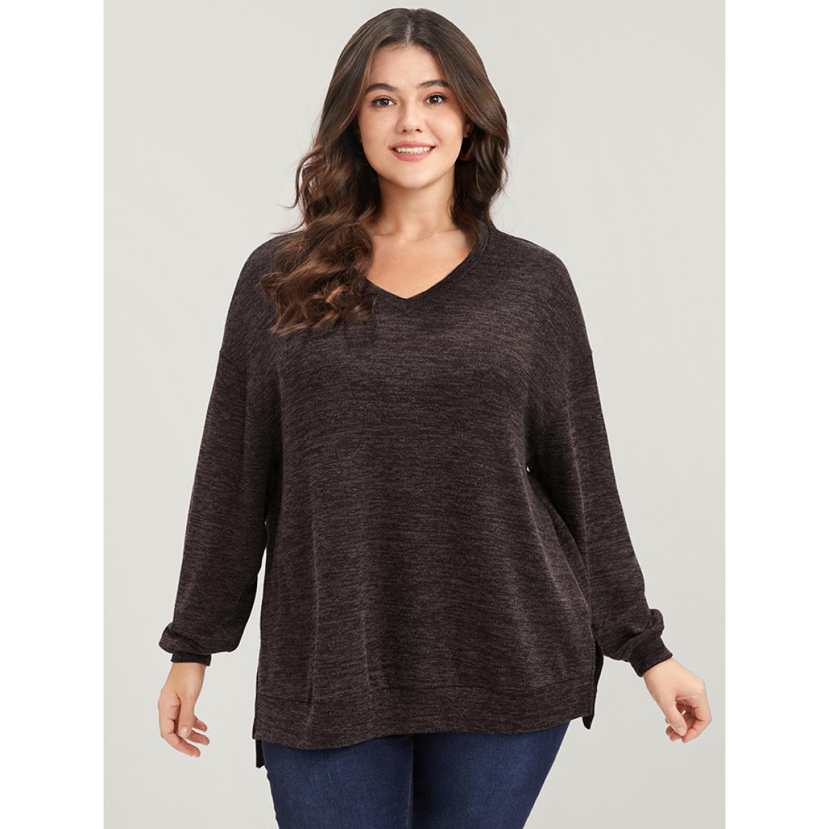 Plus Size Solid Split Asymmetrical Hem V Neck Sweatshirt Women DarkBrown Casual Asymmetrical V-neck Dailywear Sweatshirts BloomChic 14-16/1X Product Image