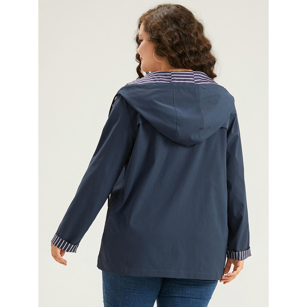 Plus Size Striped Patchwork Zipper Pocket Drawstring Coat Women DarkBlue Casual Contrast Ladies Everyday Winter Coats BloomChic 26/4X Product Image