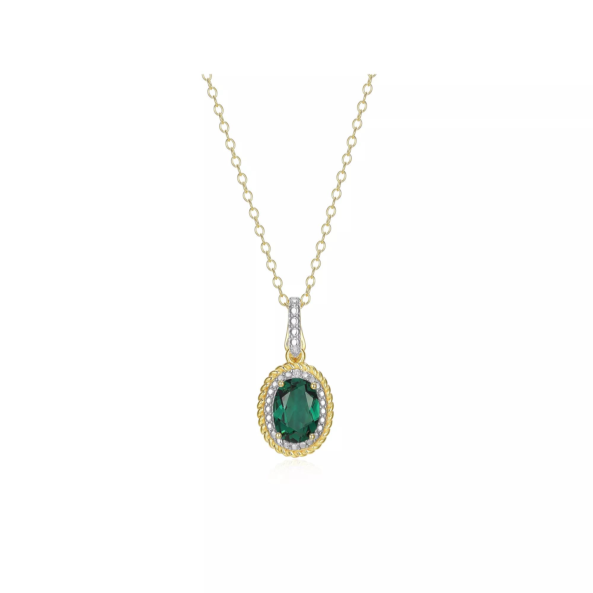 18k Gold Over Silver Gemstone & Diamond Accent Halo Pendant Necklace, Women's, Size: 18", May Gen Green Quartz Product Image