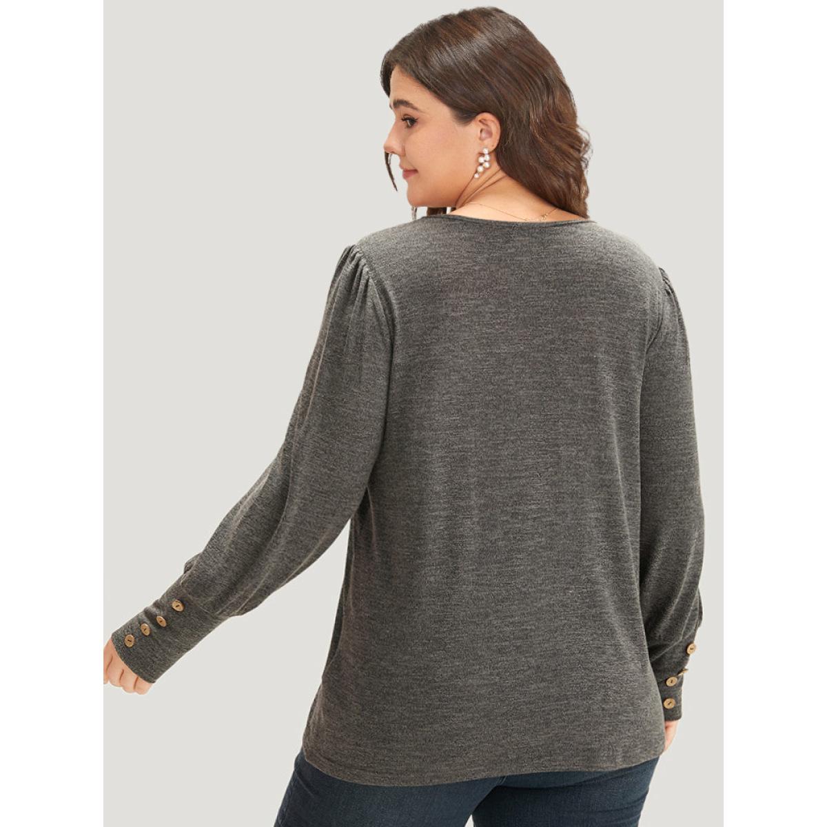 Plus Size Plain Heather Elastic Cuffs Button Detail T-shirt Gray Women Casual Elastic cuffs Plain V-neck Dailywear T-shirts BloomChic 12/L Product Image