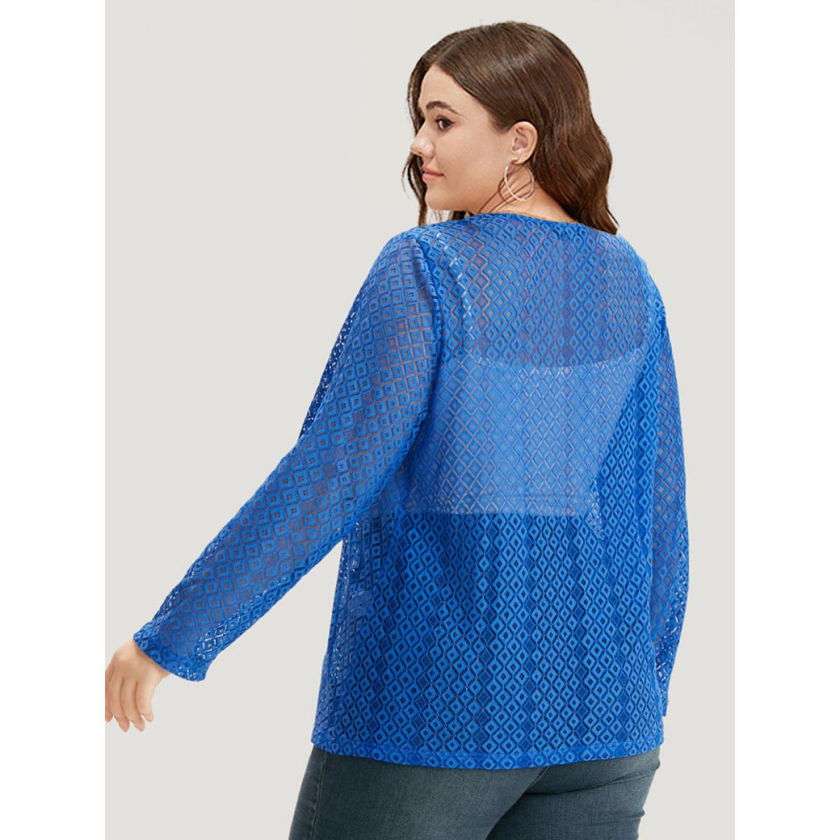 Plus Size Plain Knot Lace Mesh Hollow Out Jacket Women Blue Plain Dailywear Jackets BloomChic 12/L Product Image