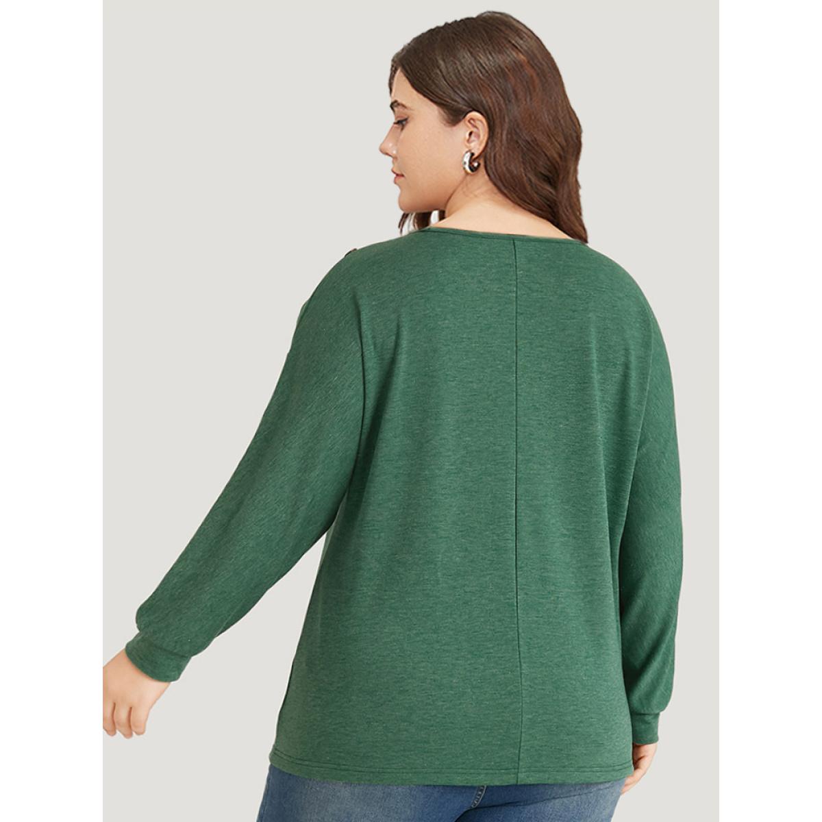 Plus Size Solid Round Neck Button Detail Dolman Sleeve Sweatshirt Women DarkGreen Casual Elastic cuffs Round Neck Dailywear Sweatshirts BloomChic 22-24/3X Product Image