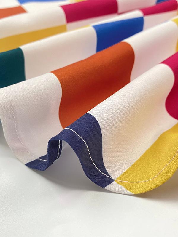 Long Sleeves Loose Buttoned Contrast Color Plaid Tied Stand Collar Blouses&Shirts Tops Product Image