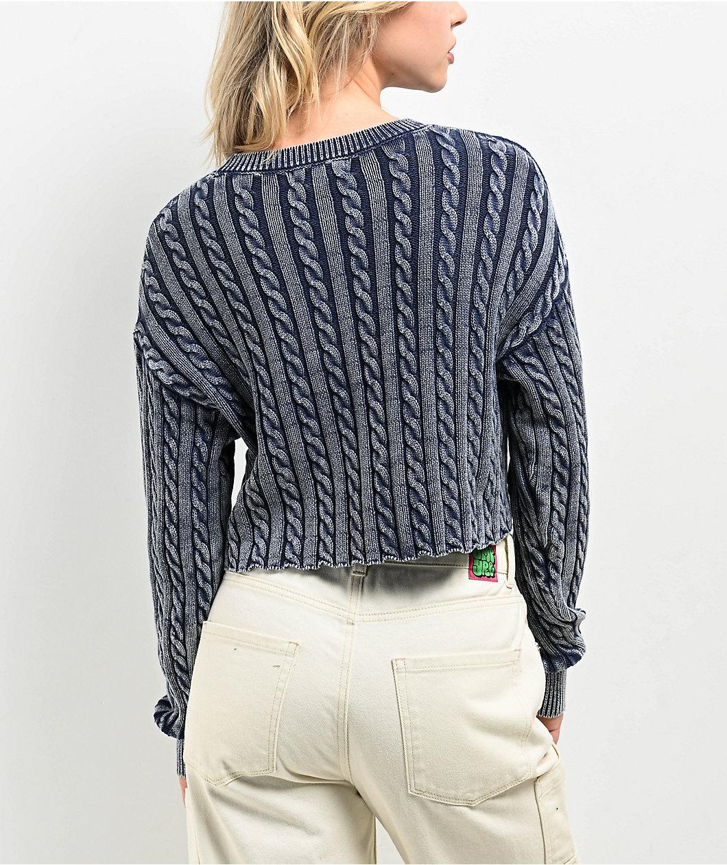 Cali 1850 Washed Navy Long Sleeve Crop Sweater Product Image