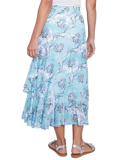 Ruby Rd. Floral Mesh Asymmetrical Ruffle Hem Pull-On Skirt Product Image