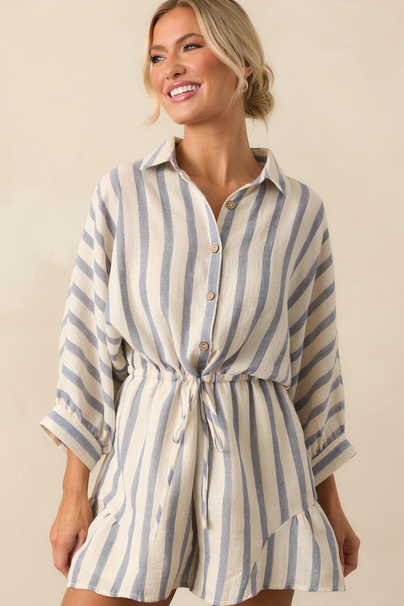 A Good Place To Start Blue Stripe Cotton Drawstring Romper Product Image