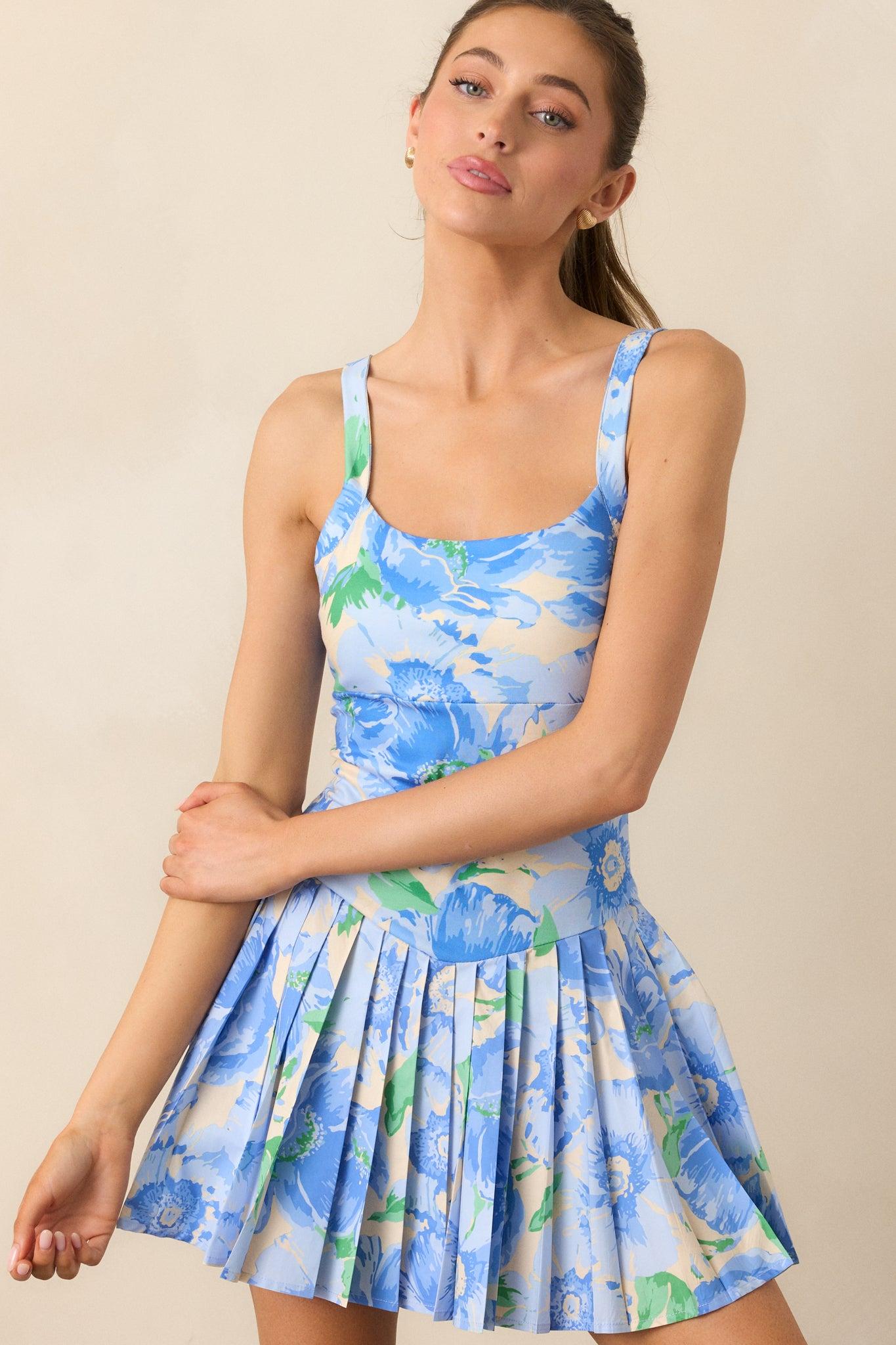 Garden Party Blue Floral Pleated Tennis Dress Product Image