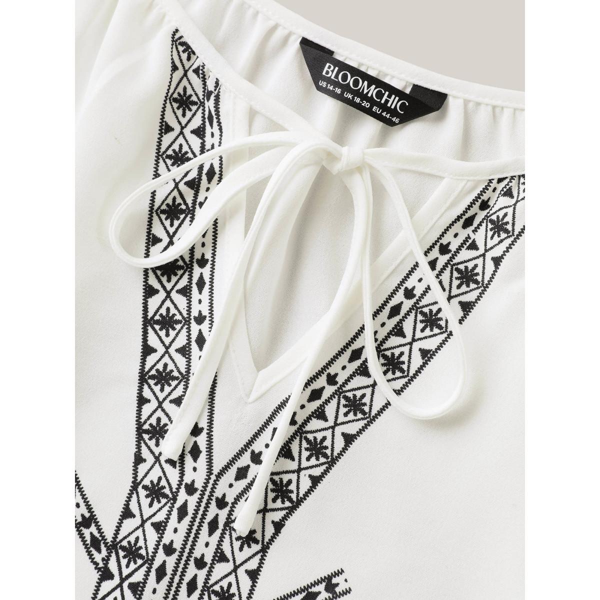 Plus Size Originalwhite Boho Print Neck Tassels Shirt Women Boho Elbow-length sleeve Notched collar Vacation Blouses BloomChic 10/M Product Image