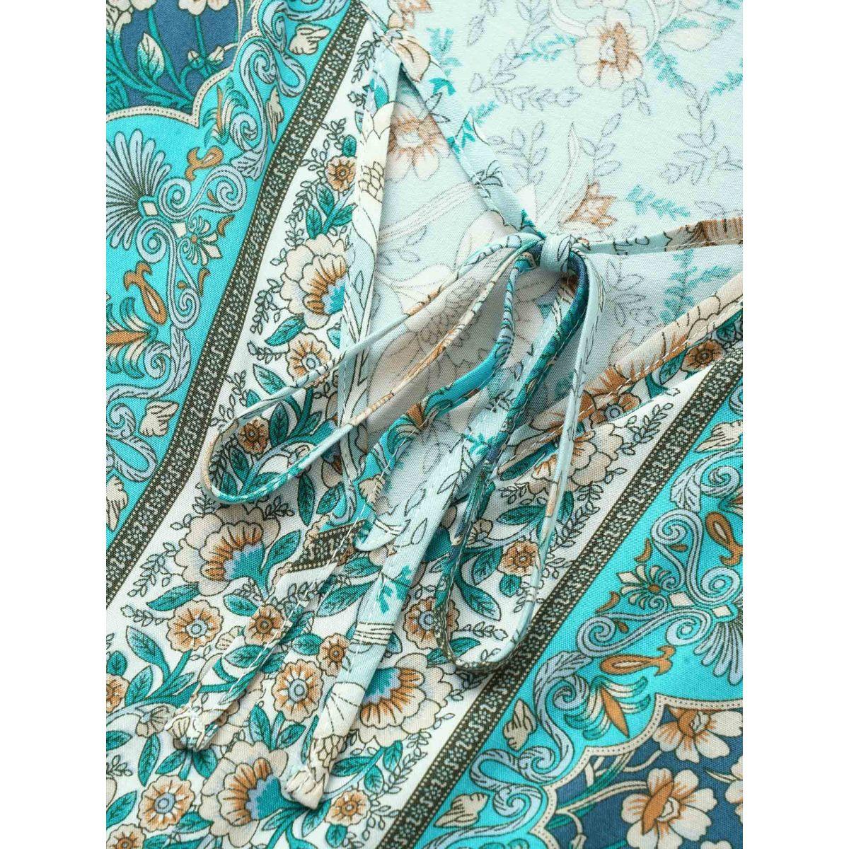 Plus Size Cerulean Boho Print Tie Neck Gathered Blouse Women Resort Half Sleeve Notched collar Vacation Blouses BloomChic 14-16/1X Product Image