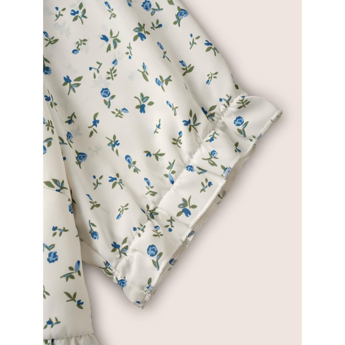 Plus Size White V Neck Ditsy Floral Frill Trim Blouse Women Elegant Short sleeve V-neck Everyday Blouses BloomChic 14-16/1X Product Image