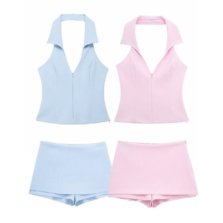 Halter Collar Plain Zip Tank Top / Skort / Set Product Image