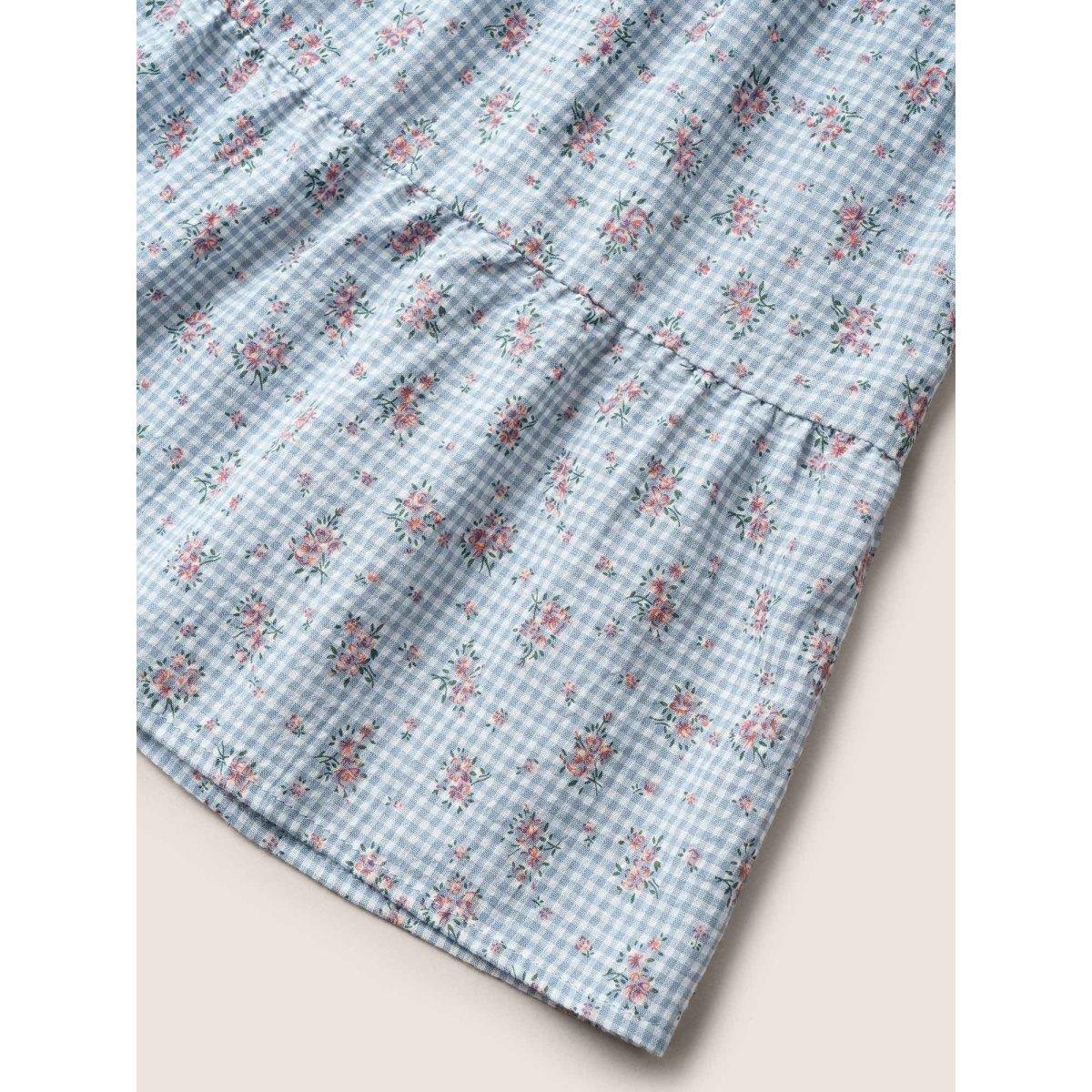 Plus Size LightBlue Gingham Ditsy Floral Ruffle Cap Sleeve Blouse Women Casual Cap Sleeve V-neck Everyday Blouses BloomChic 12/L Product Image