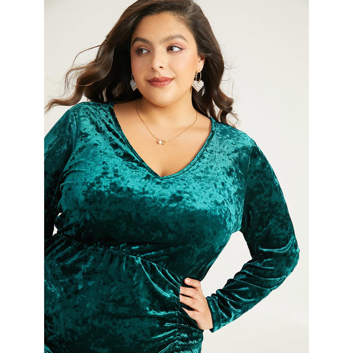 Plus Size Velvet Solid Ruched Long Sleeve Dress DarkGreen Women Glamour Gathered V-neck Long Sleeve Curvy Midi Dress BloomChic 18-20/2X Product Image