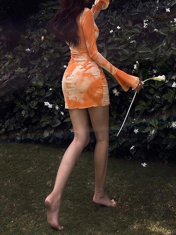 Abstract-Print Flared-Sleeve Tie Dress Product Image