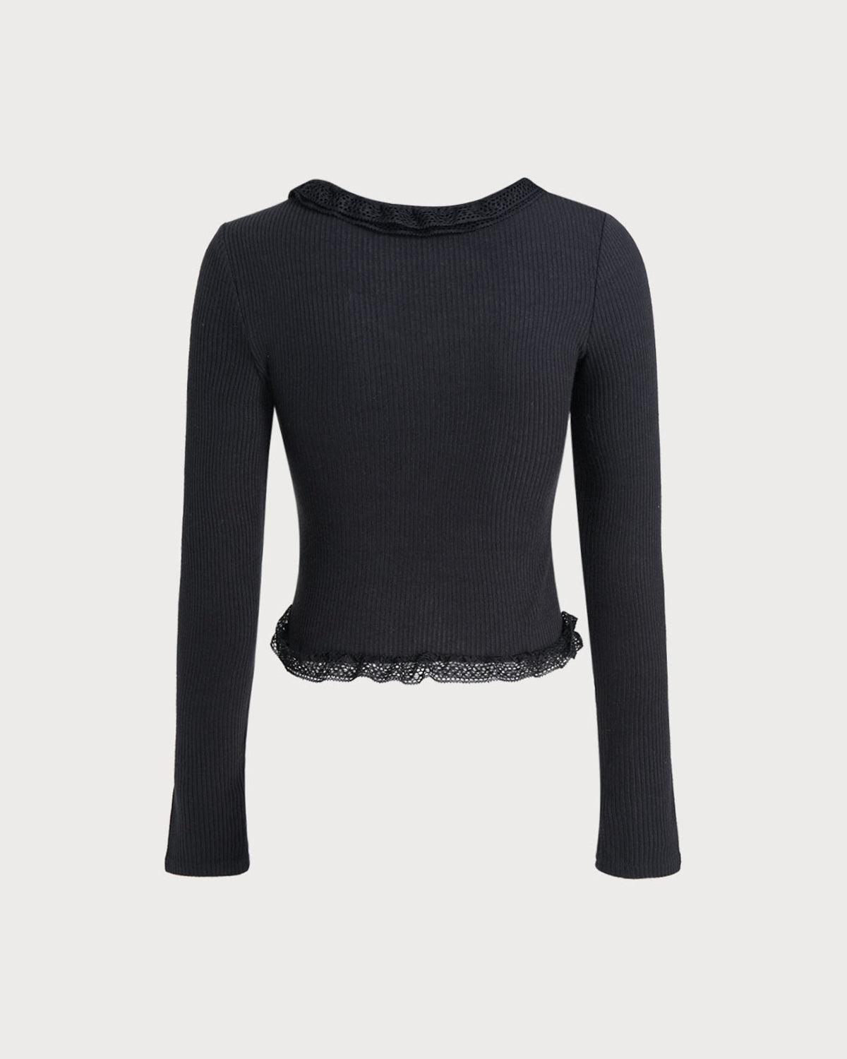 Black Round Neck Ribbed Knit Cardigan Product Image