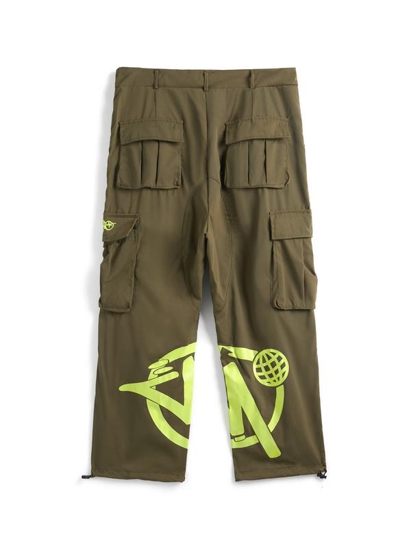 Men's Letter Print Multi Pocket Drawstring Wide Leg Pants Product Image