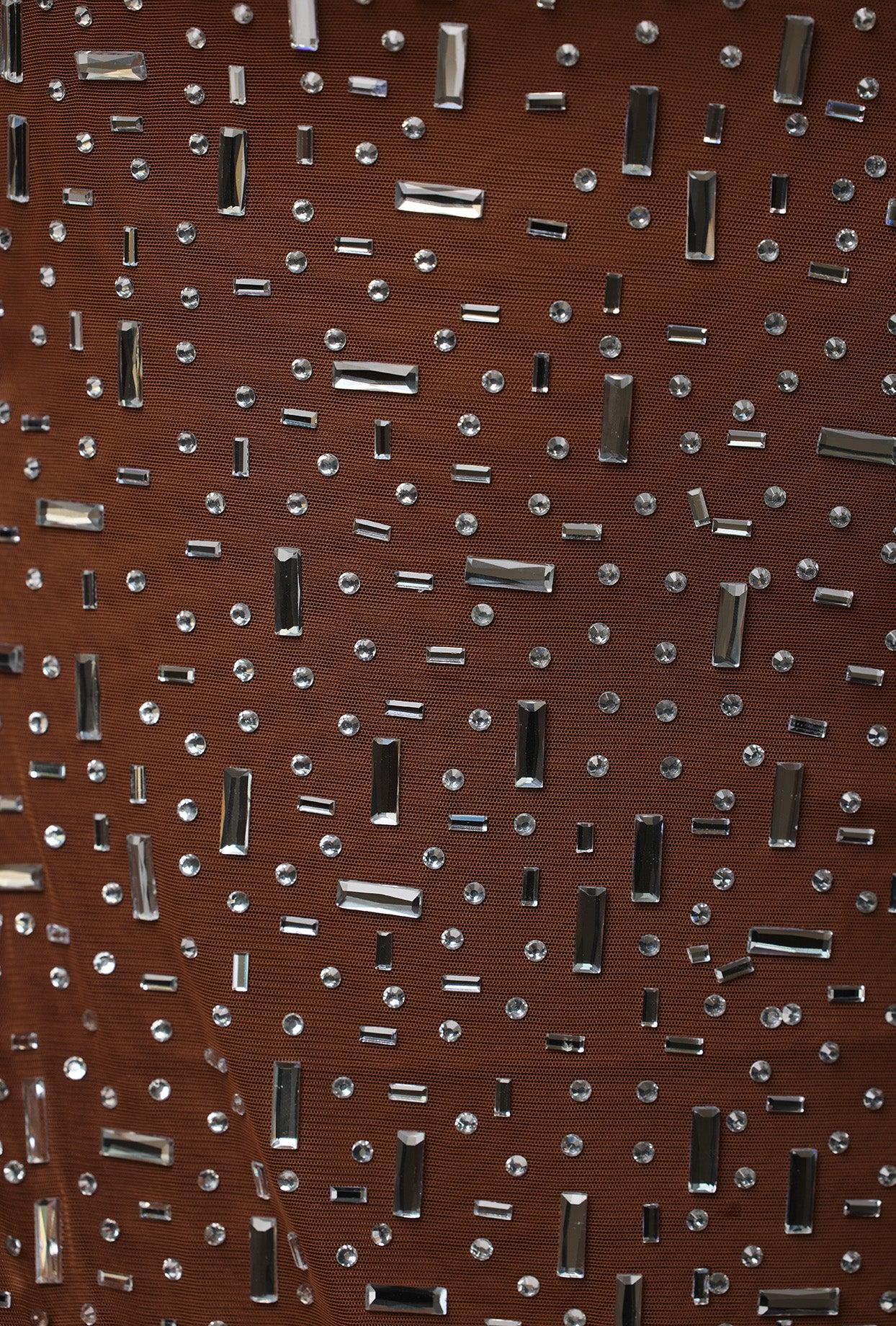 Sheer Embellished Scoop Neck Mini Dress in Mocha Product Image