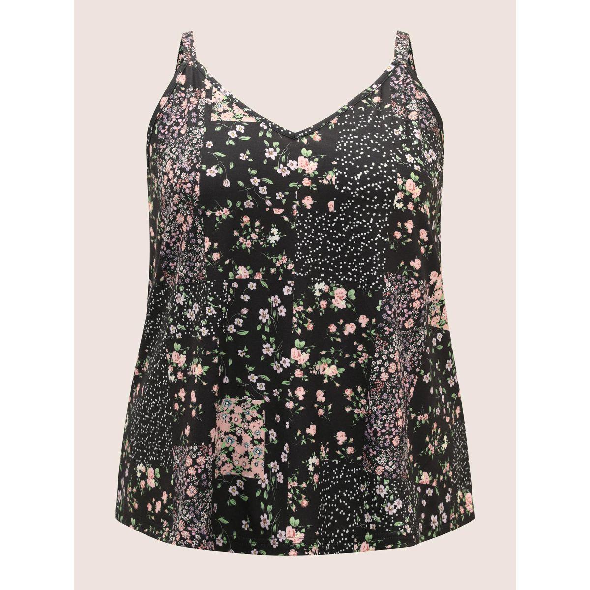 Plus Size V Neck Ditsy Floral Patchwork Cami Top Women Black Elegant Contrast V-neck Everyday Tank Tops Camis BloomChic 14-16/1X Product Image
