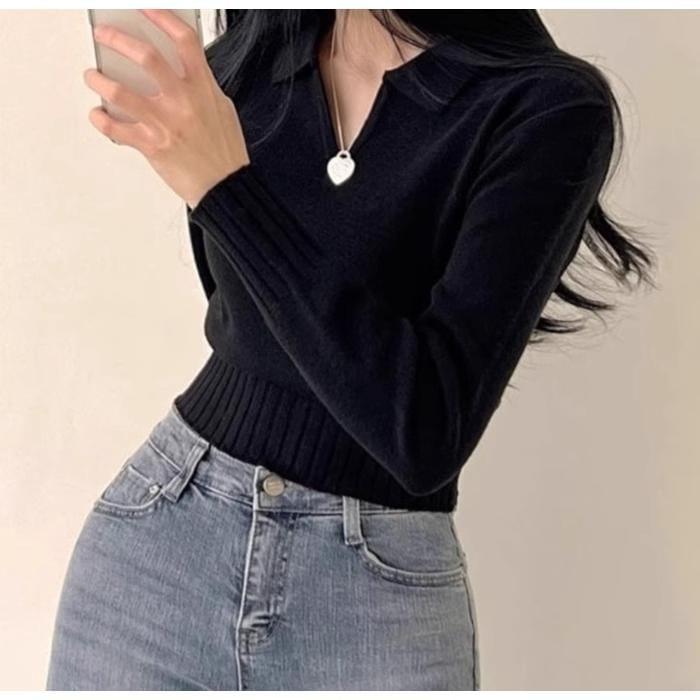 Long-Sleeve Polo-Neck Plain Sweater Product Image
