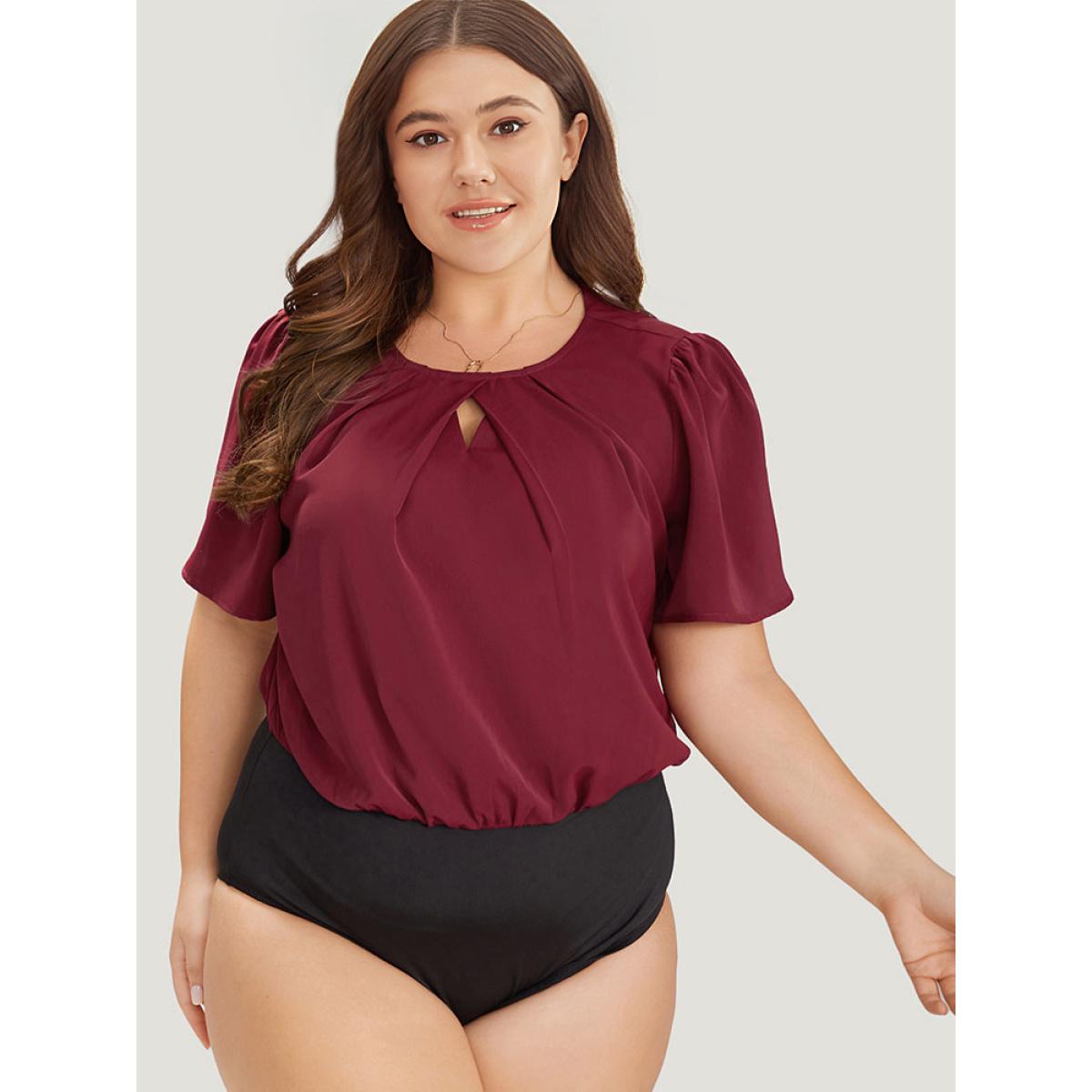 Plus Size Plain Keyhole Plicated Detail Puff Sleeve Bodysuit Women Burgundy Plain Keyhole Bodysuits BloomChic 28/5X Product Image