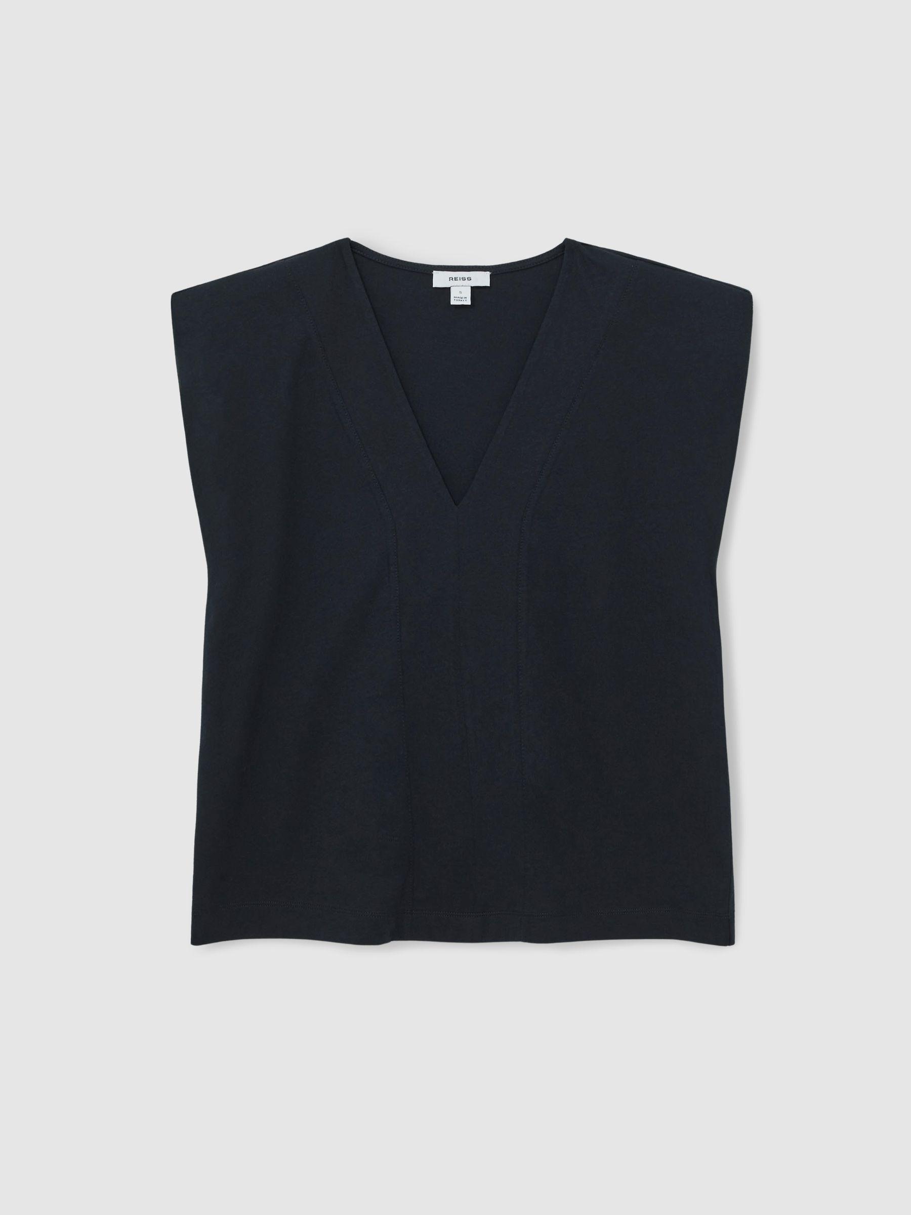 Cotton Shoulder-Pad V-Neck Top in Navy Product Image