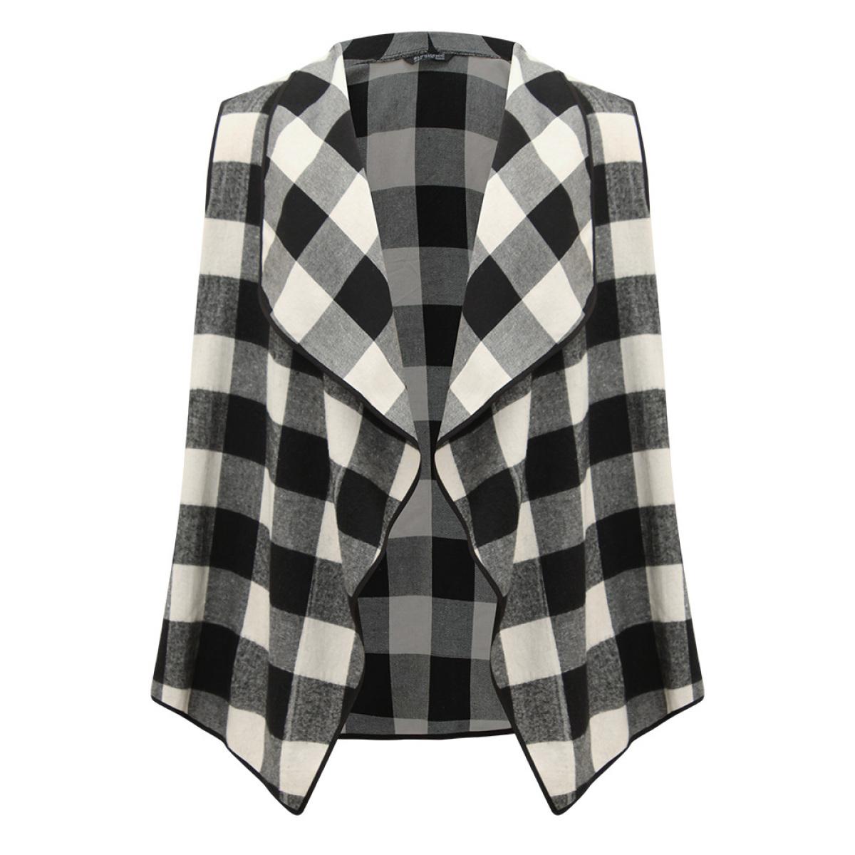 Plus Size Plaid Asymmetrical Hem Open Front Vest Women Black Casual Contrast Dailywear Kimonos BloomChic 10/M Product Image