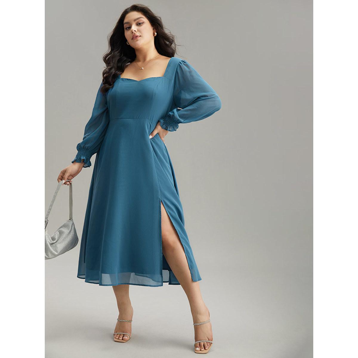 Plus Size Chiffon Square Neck Shirred Lantern Sleeve Split Hem Dress Aegean Women Glamour Plain Square Neck Long Sleeve Curvy Midi Dress BloomChic 18-20/2X Product Image