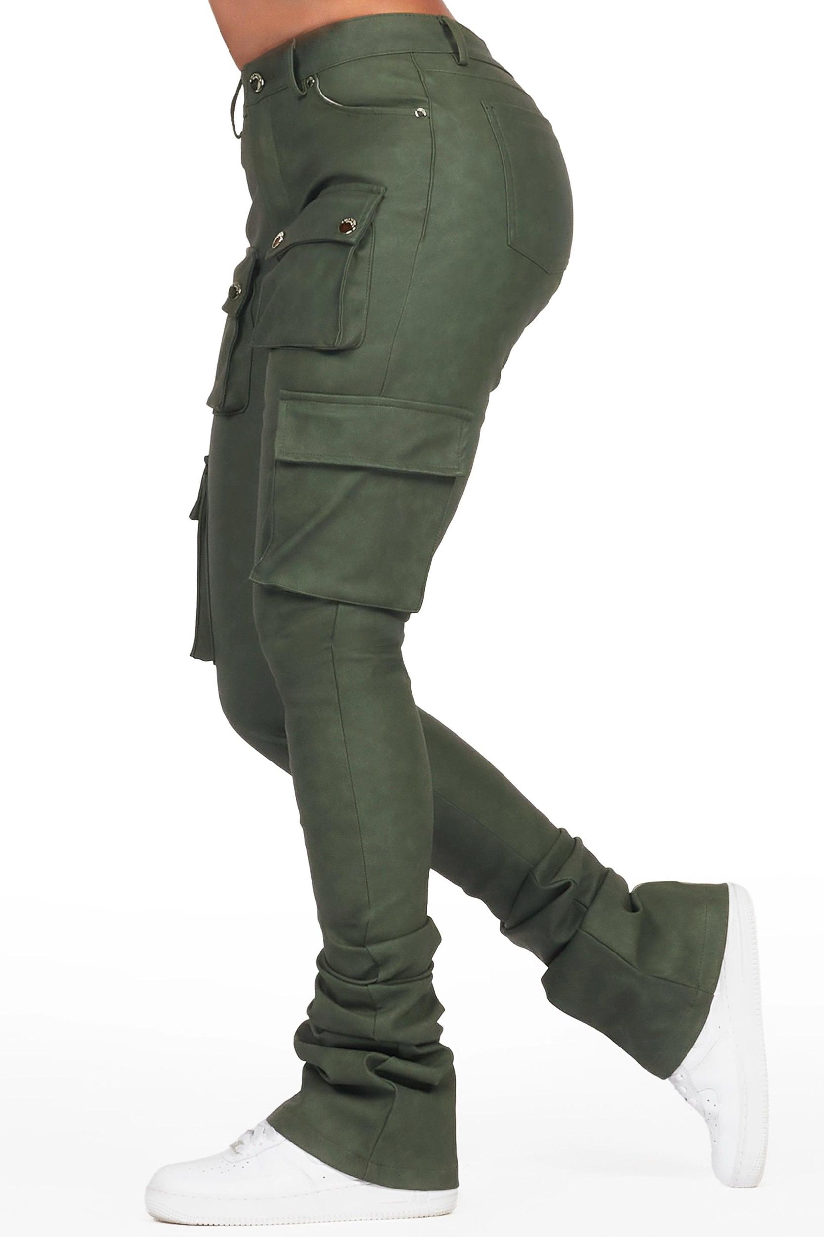 Kiedra Green Cargo Super Stacked PU Pant Female Product Image