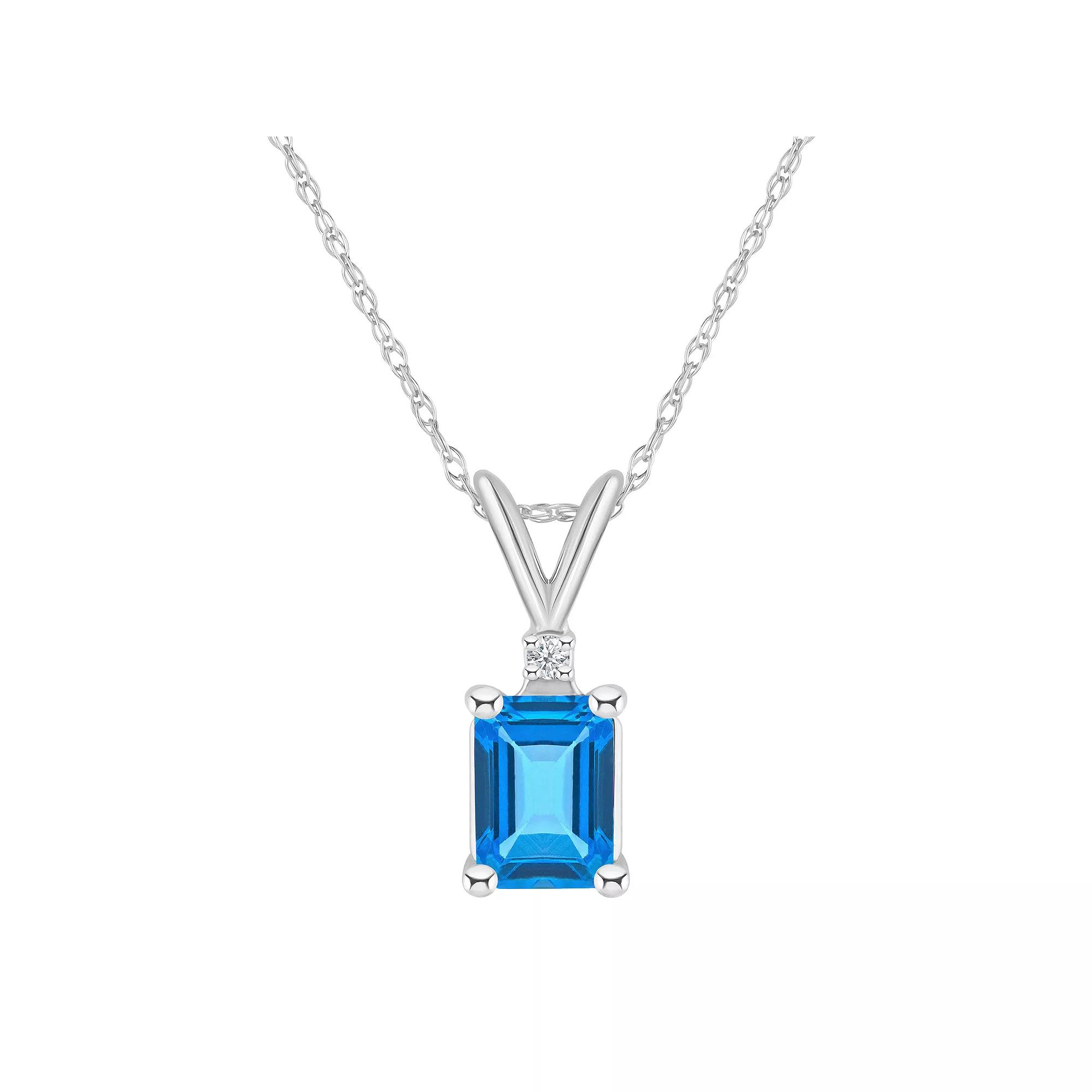 Celebration Gems 14k Gold Emerald Cut Swiss Blue Topaz & Diamond Accent Pendant Necklace, Women's, Size: 18", 14k Whgold Product Image