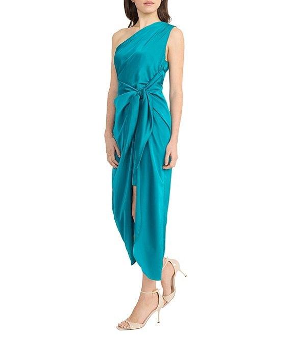Donna Morgan One Shoulder Tie Waist Draped Skirt Midi Dress Product Image