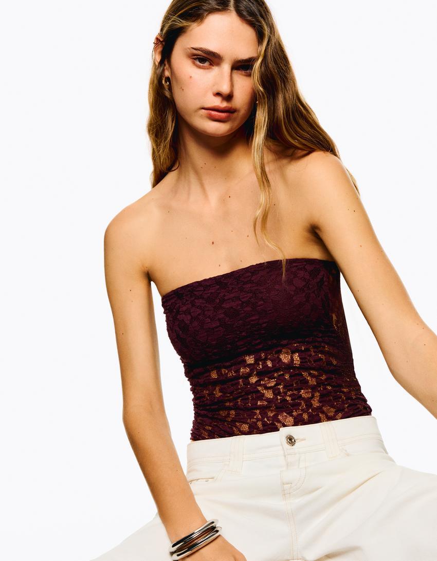 Bandeau bodysuit with blonde lace Product Image
