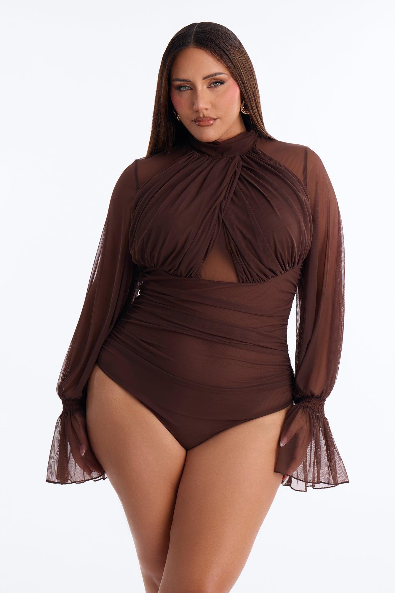 Juliet Ruched Mesh Long Sleeve Bodysuit - Brown Female Product Image