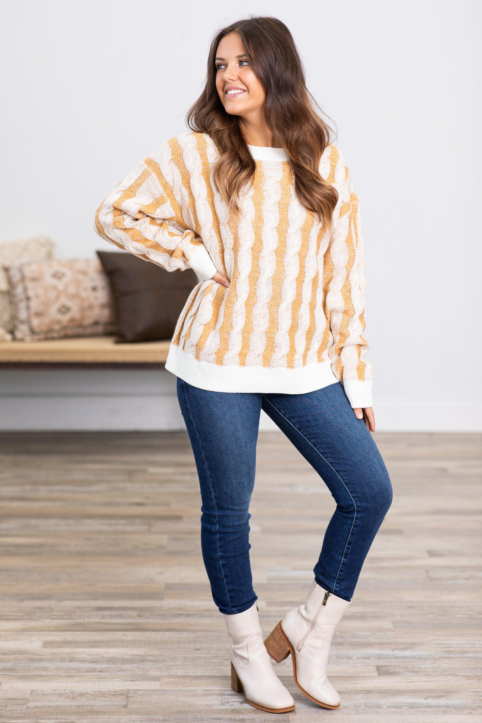 Mustard and Ivory Cable Knit Sweater Product Image