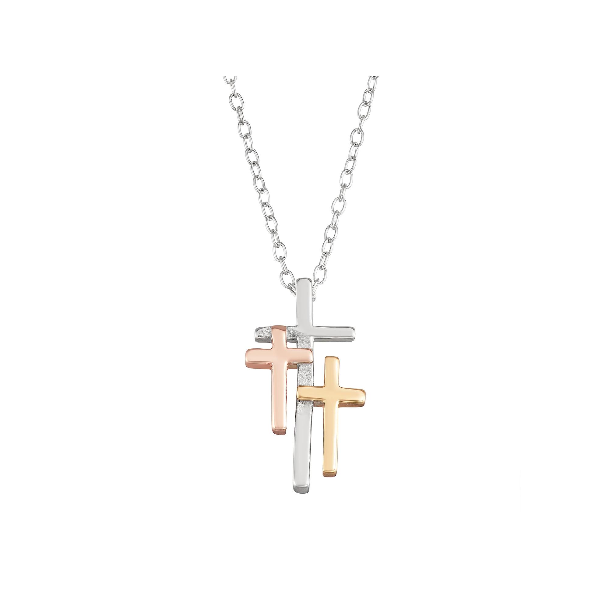 My Shield My Strength Tri Tone Sterling Silver Triple Cross Pendant, Women's, Size: 18" Product Image