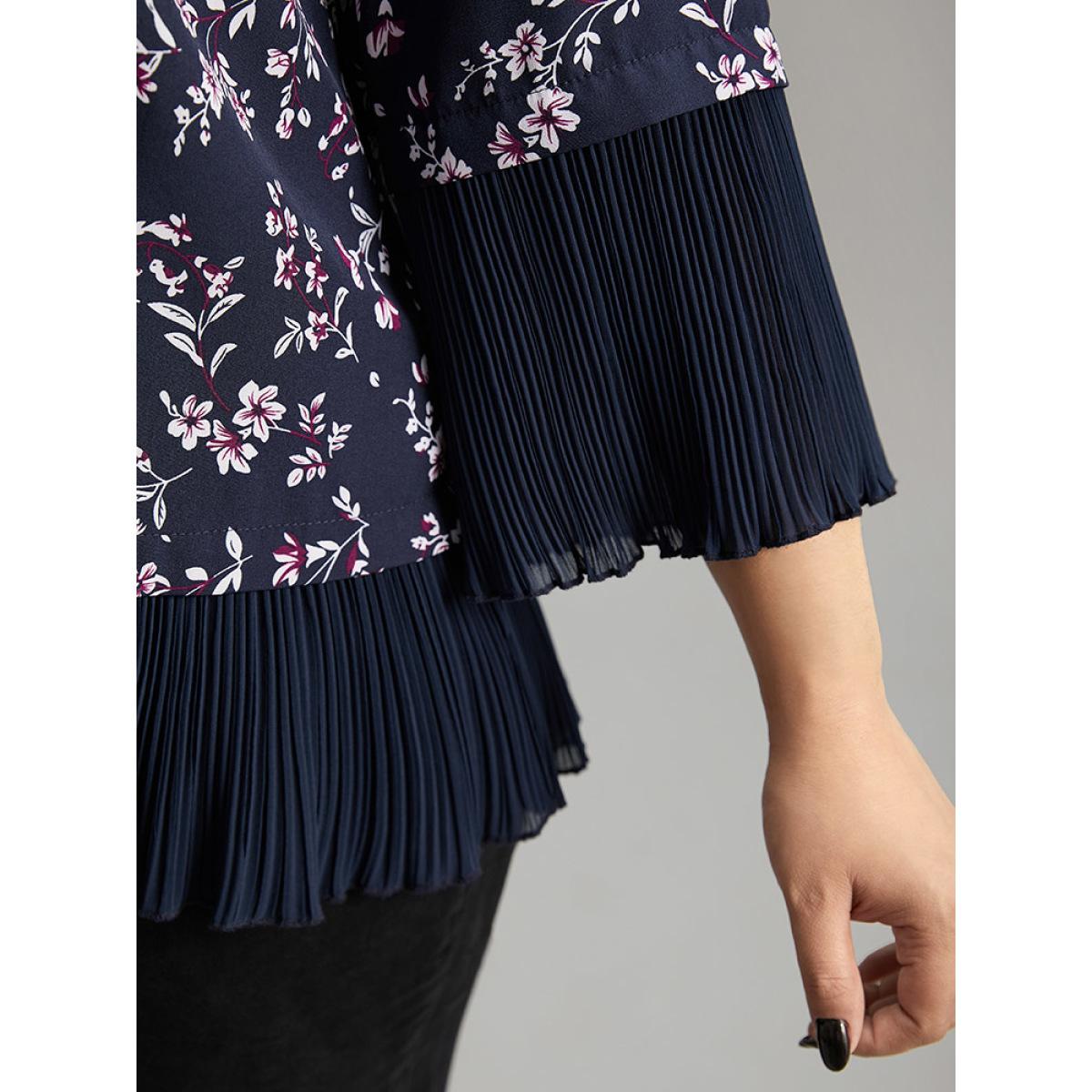 Plus Size Indigo Ditsy Floral Pleated Cuffs Patchwork Blouse Women Elegant Elbow-length sleeve V-neck Dailywear Blouses BloomChic 12/L Product Image