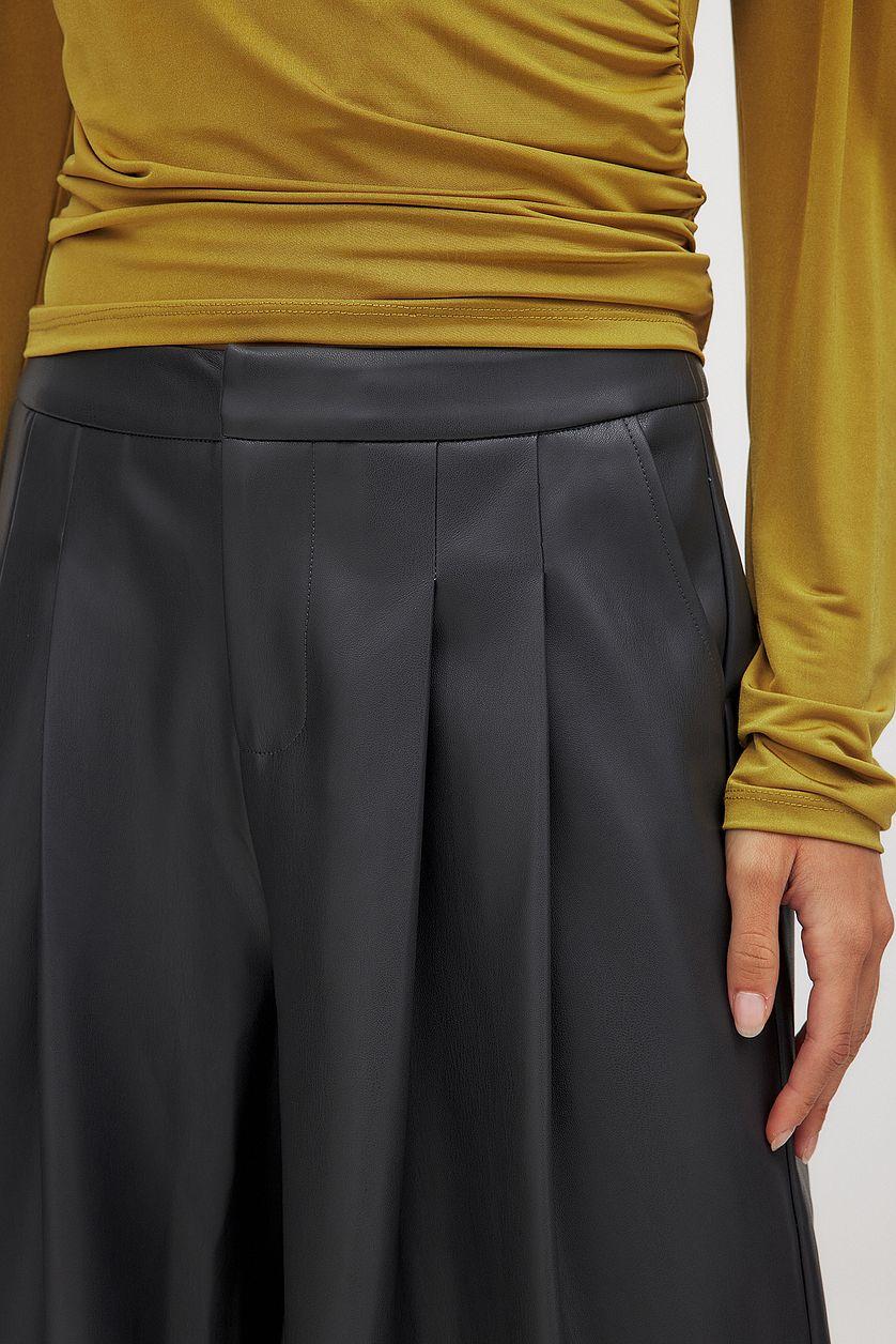 Mid Waist Wide Leg Pleated PU Trousers Product Image