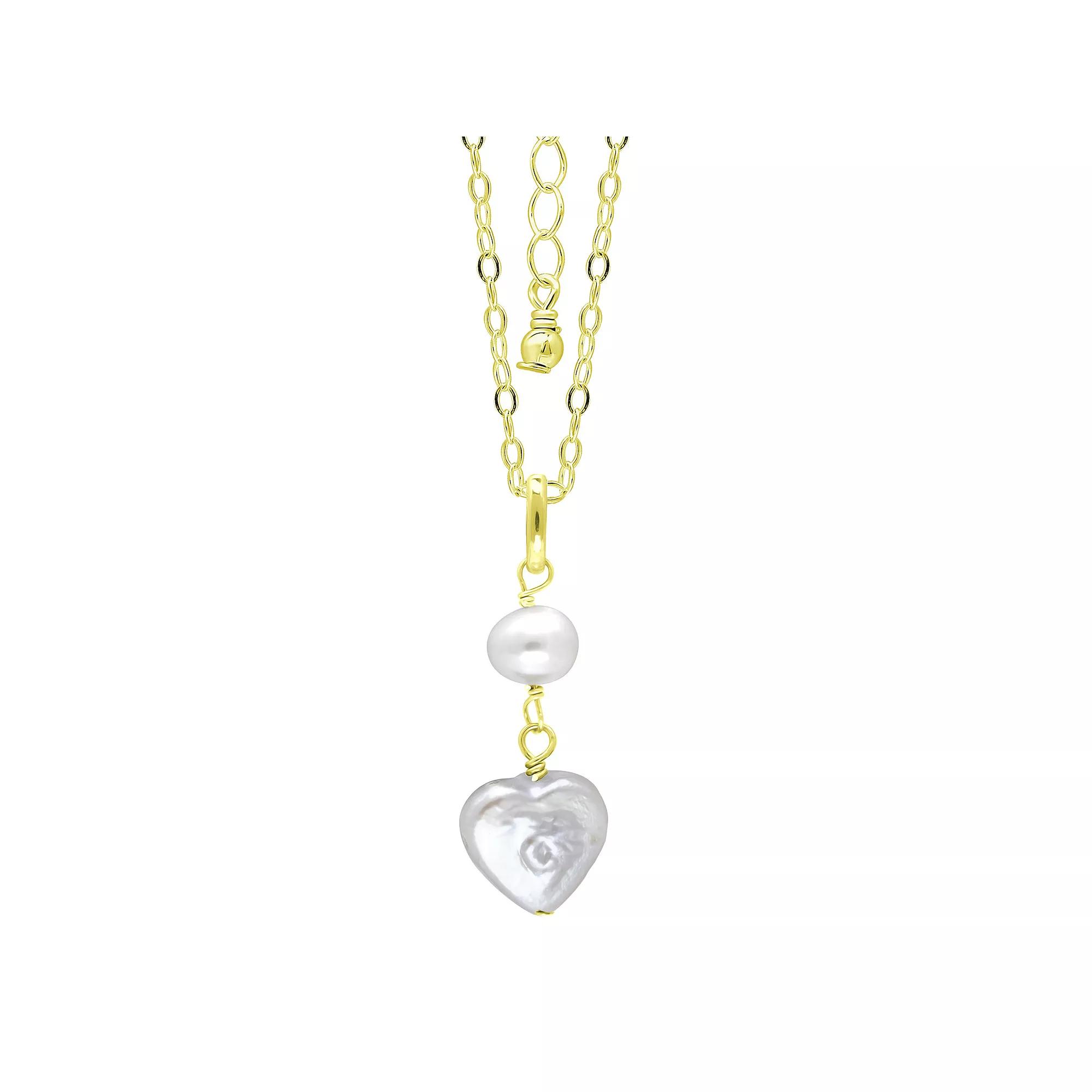 Aleure Precioso 18k Gold Over Silver Double Freshwater Cultured Pearl Heart Drop Pendant Necklace, Womens Gold Tone White Product Image