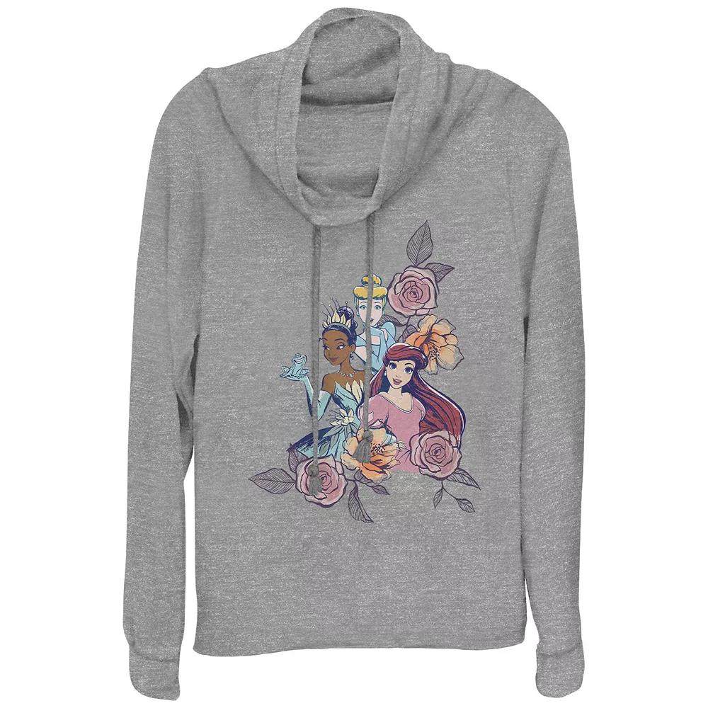 Disney Princesses Cinderella, Tiana & Ariel Floral Motif Women's Cowlneck Graphic Lightweight Long Sleeve, Girl's,  Product Image