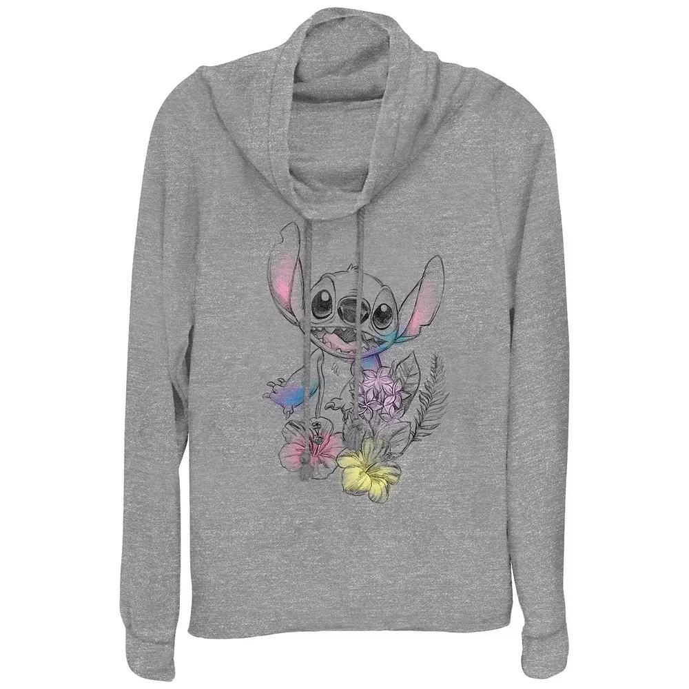 Disney's Lilo & Stitch Floral Sketch Women's Cowlneck Graphic Lightweight Long Sleeve, Size: Small, Gray Grey Product Image