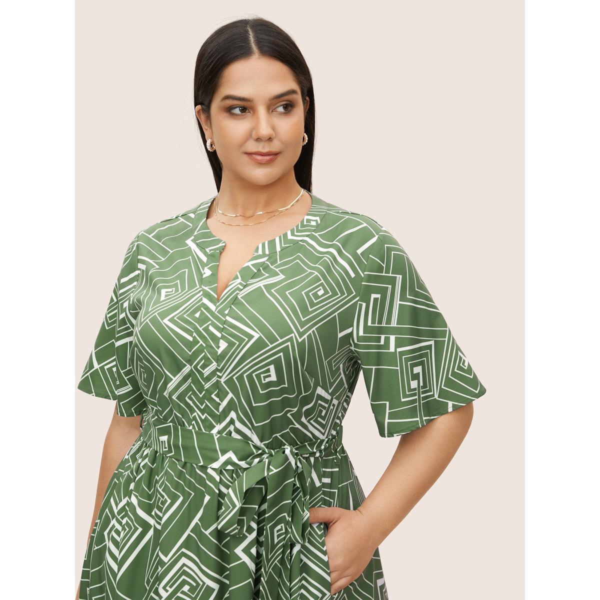 Plus Size Geometric Flat Collar With V Notch Ruffle Sleeve Belted Dress Mint Women At the Office Belted Flat collar with V-notch Short sleeve Curvy Midi Dress BloomChic 14-16/1X Product Image