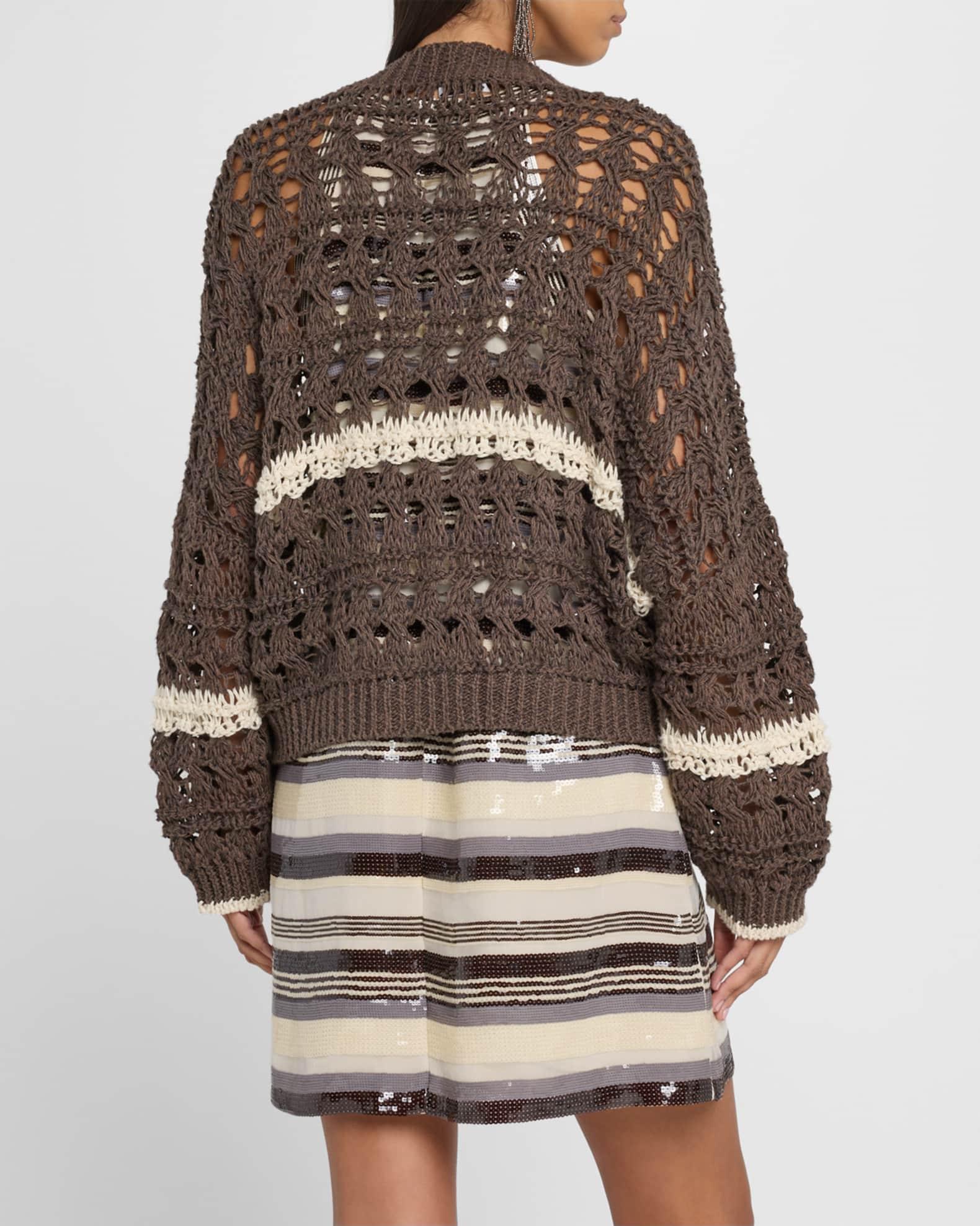 Stripe Cotton-Jute Open Knit V-Neck Cardigan Product Image