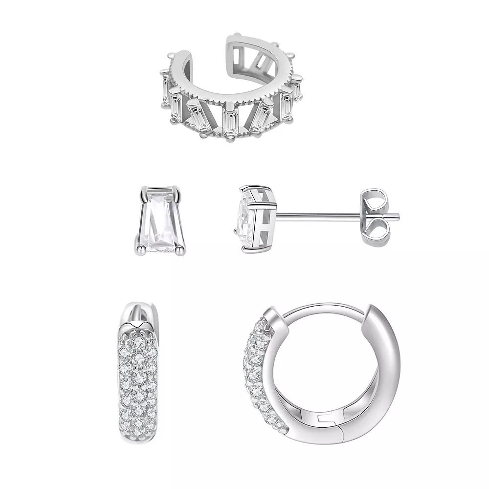 Chrystina Silver Tone Cubic Zirconia Stud, Hoop & Ear Cuff Earring Set, Women's Product Image