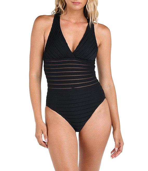 La Blanca Fluid Lines Mesh Multi Strap Cross-Back Tank Tummy Control One Piece Swimsuit Product Image