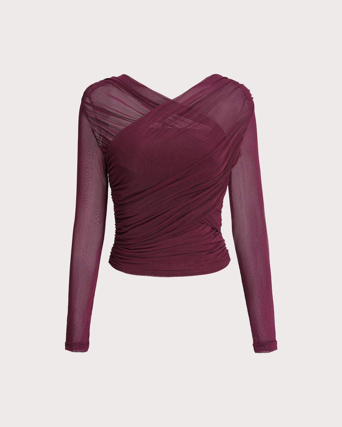 Wine Red V Neck Slim Mesh Tee Product Image