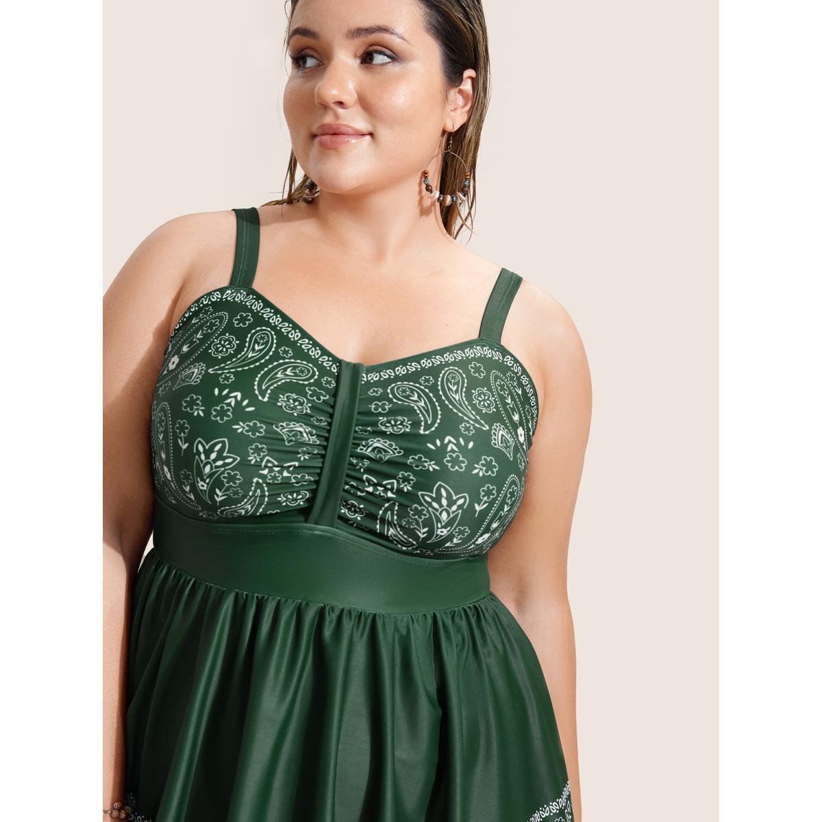 Plus Size Paisley Print Ruched Adjustable Straps Swim Dress Women's Swimwear ArmyGreen Beach Bodycon Heart neckline High stretch Curve Swim Dresses BloomChic 26/4X Product Image