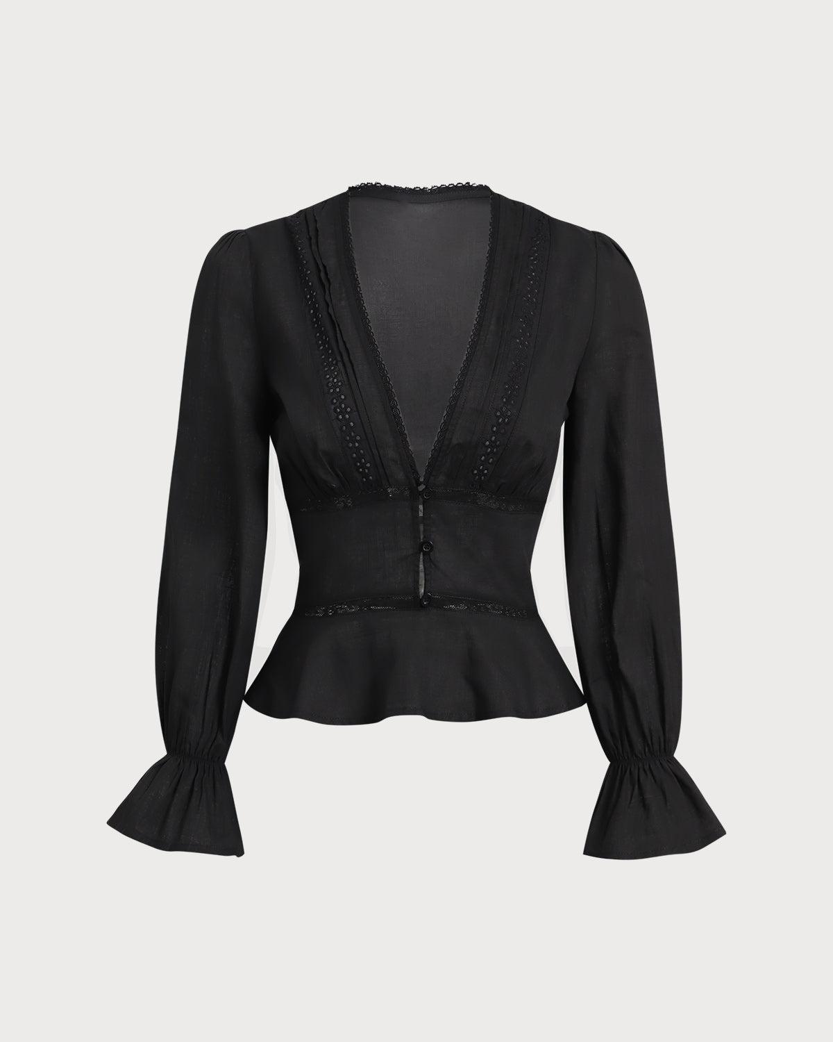 Black V-Neck Ruffle Blouse Product Image