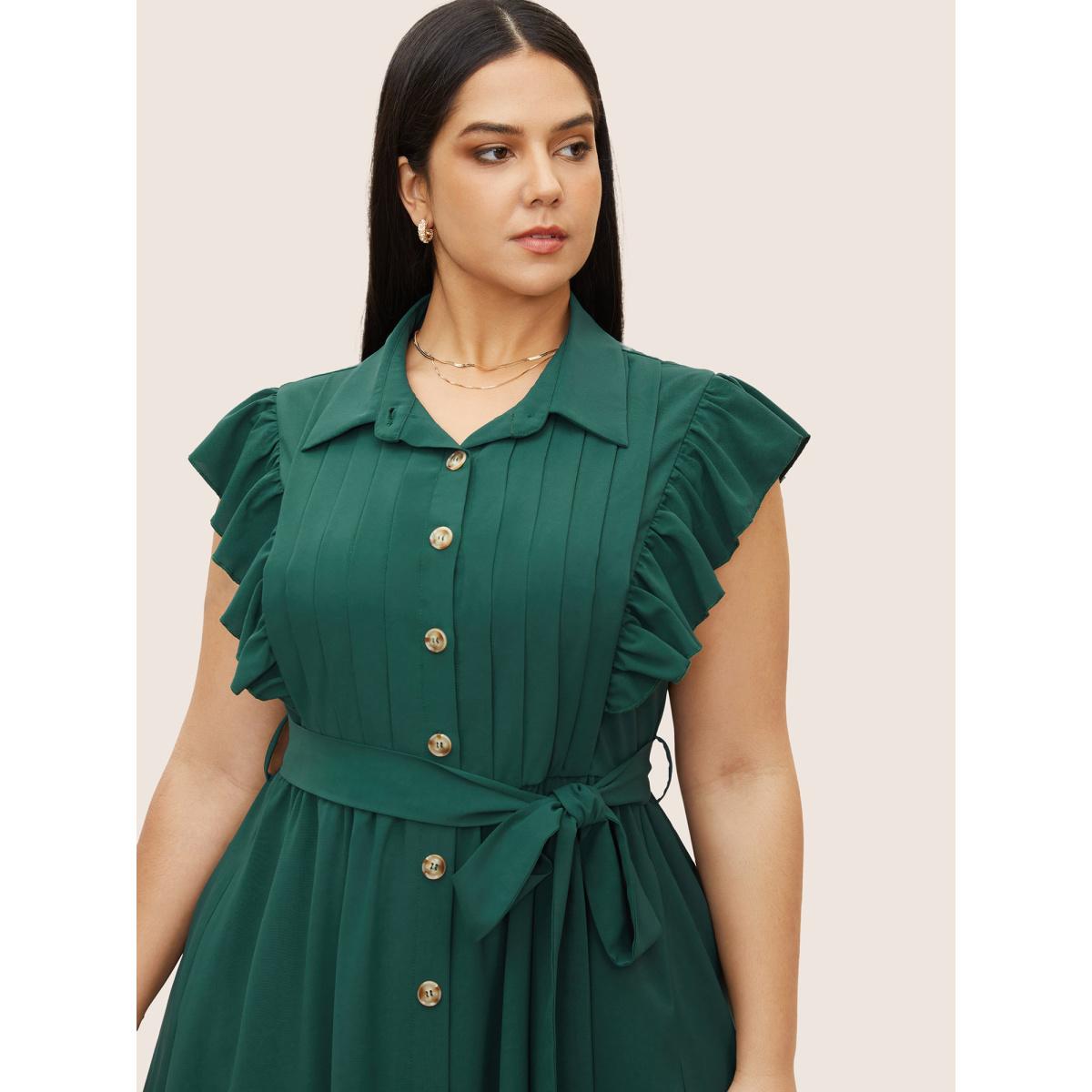 Plus Size Shirt Collar Solid Pleated Ruffle Cap Sleeve Dress DarkGreen Women At the Office Gathered Shirt collar Cap Sleeve Curvy Midi Dress BloomChic 10/M Product Image