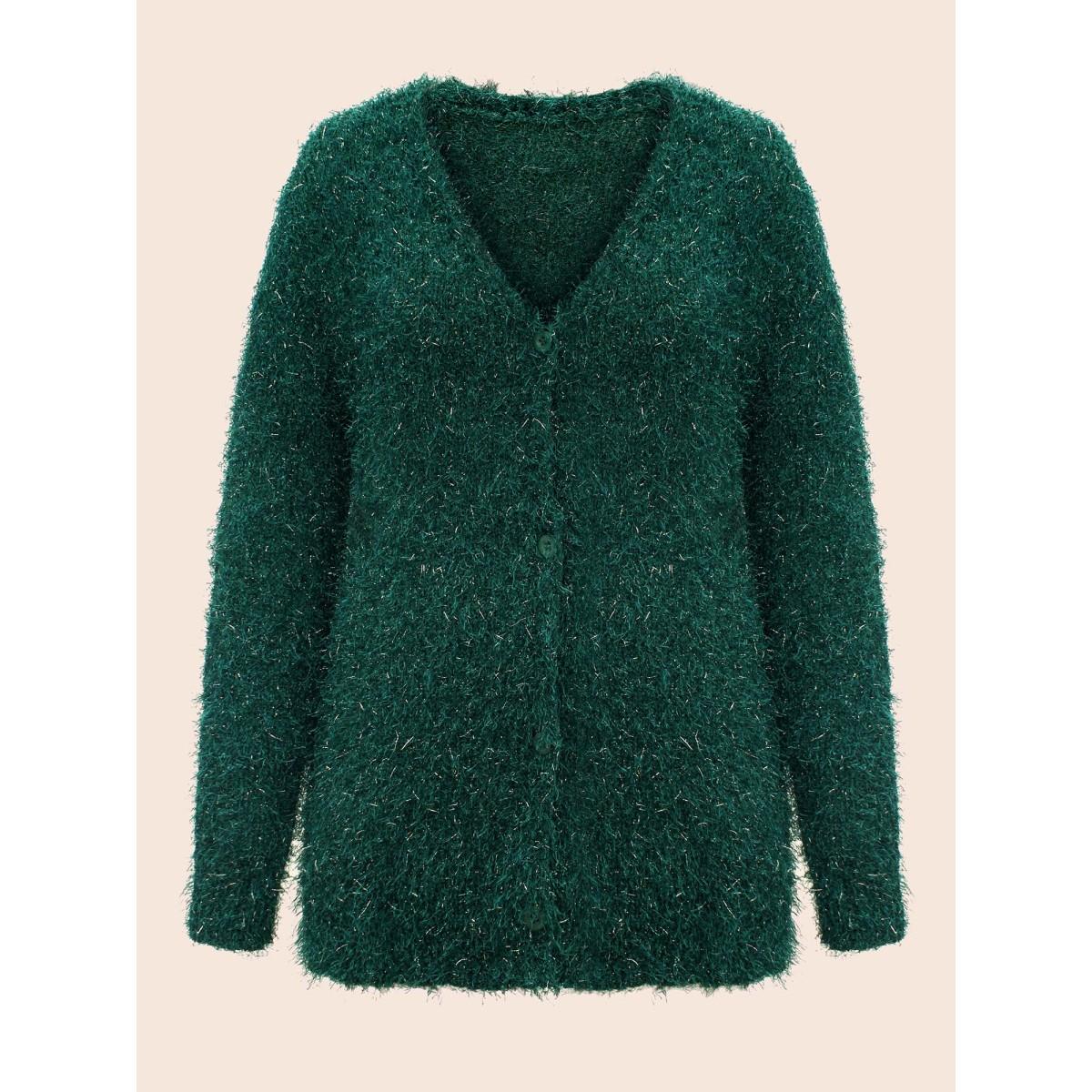 Plus Size Shimmery V-neck Button-Front Cardigan DarkGreen Women Cocktail Loose Long Sleeve Party Cardigans BloomChic 28/5X Product Image