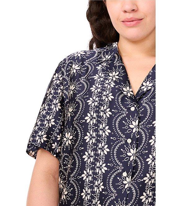 CeCe Plus Size Woven Notch Collar Short Sleeve Button Front Camp Coordinating Shirt Product Image